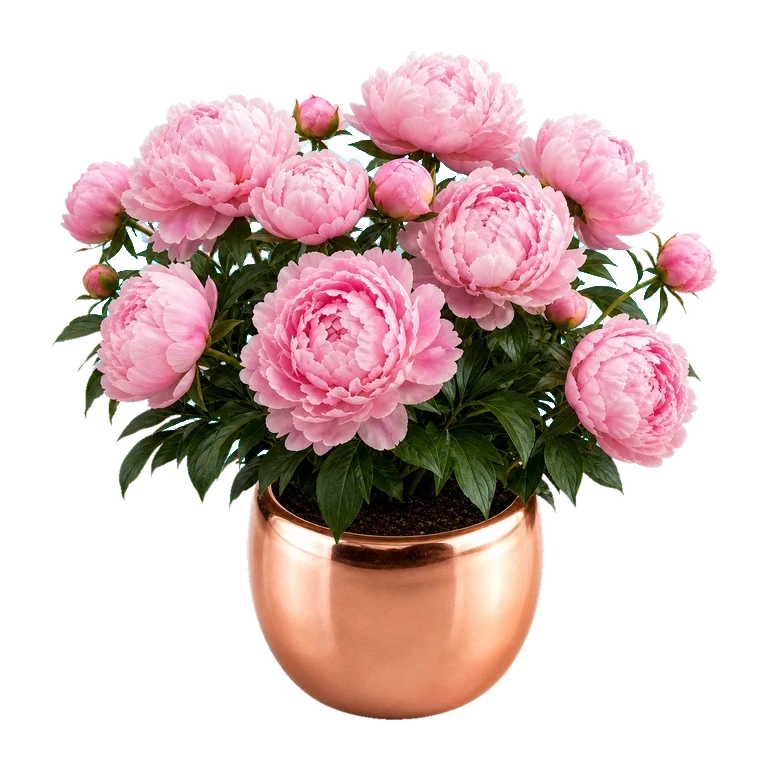 The app's peony plant at stage 7 of 8: heavy with pink blooms