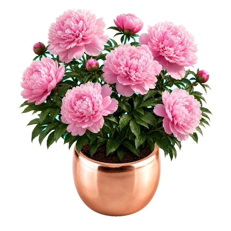 The app's peony plant fully grown: a full cloud of soft pink peonies spilling from a copper pot