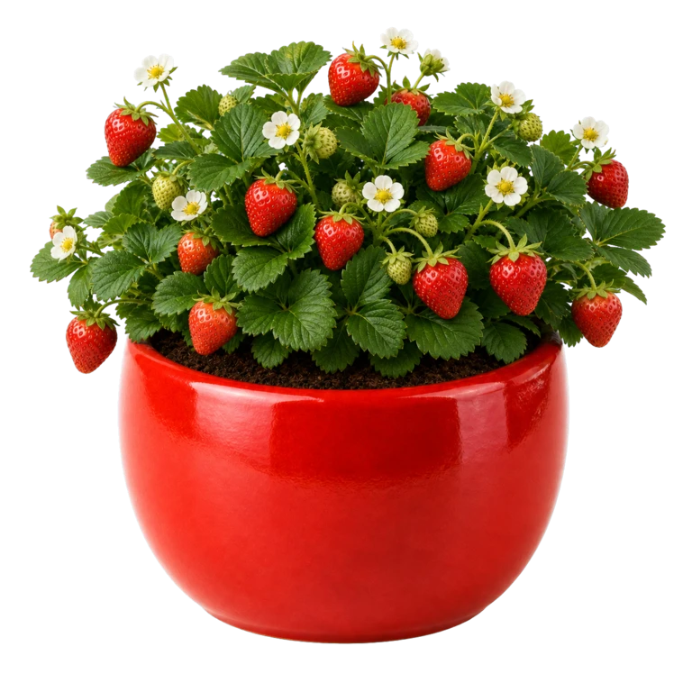 The app's strawberry plant fully grown, heavy with ripe berries and white flowers in a red pot