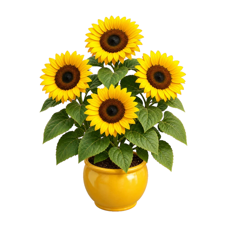 The app's sunflower plant fully grown, a single bright sunflower in a yellow pot