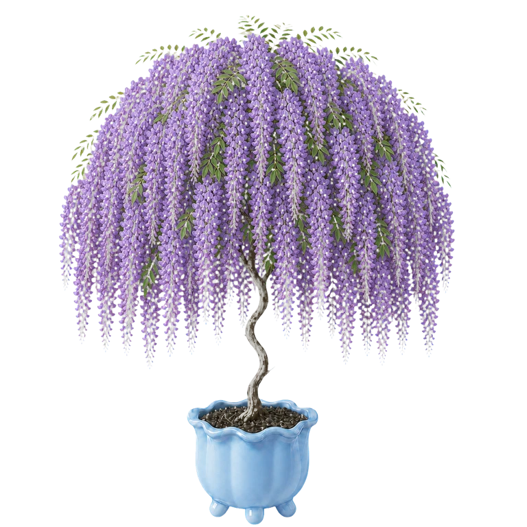 The app's wisteria fully grown, a cascade of purple flowers in a blue pot