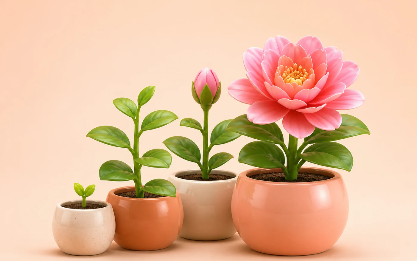 Four glossy potted plants in a row on a warm peach background, one growth stage apart: a tiny green sprout, a leafy seedling, a budding plant, and a full spray of pink blossom