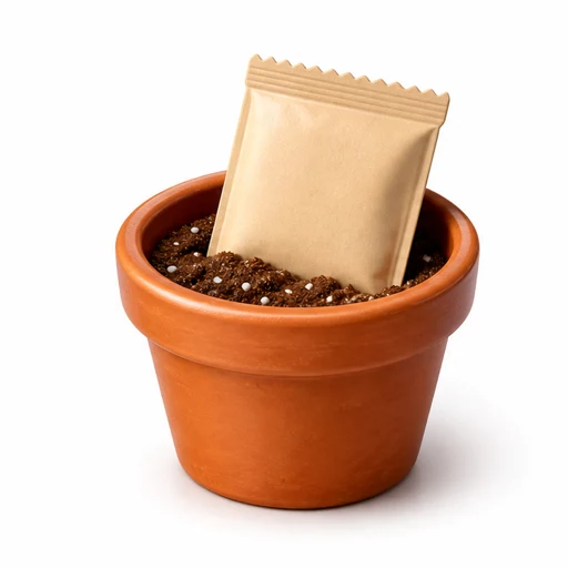 A glossy seed packet tucked into a terracotta pot of soil