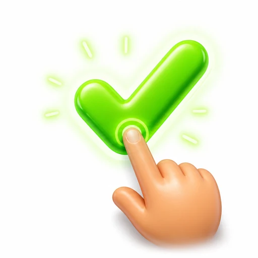 A glossy hand tapping a big glowing green check mark