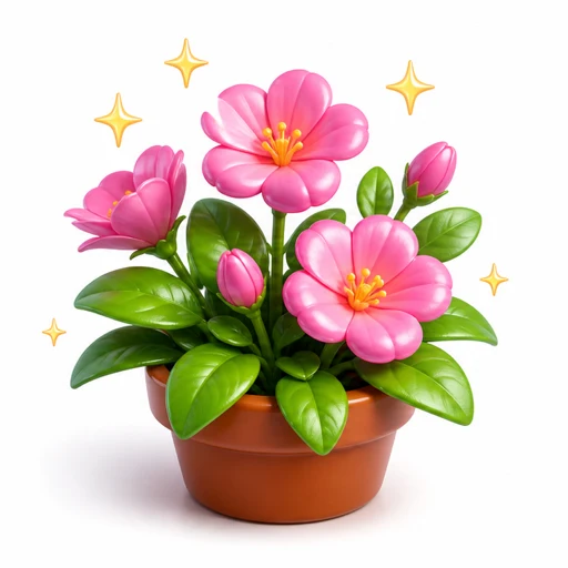 A glossy pot of pink flowers in full flower with sparkles
